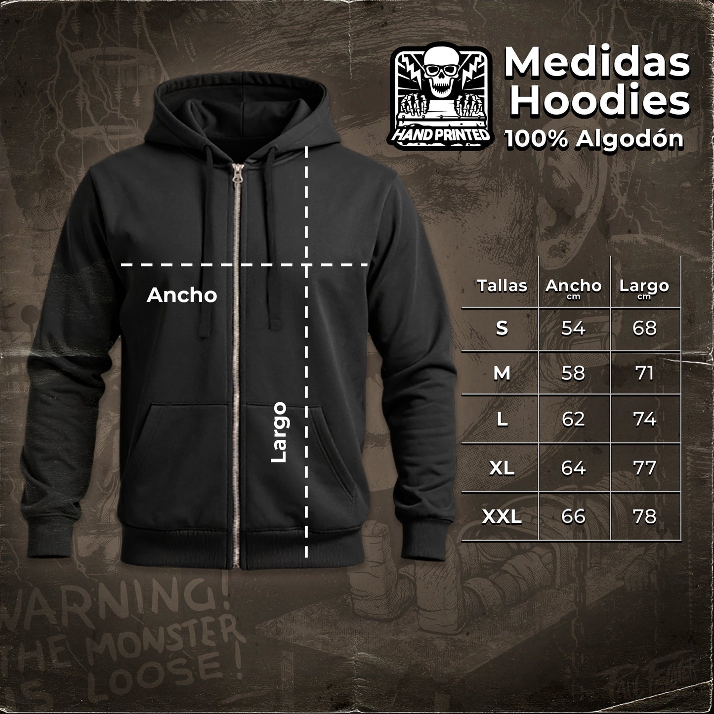 Guía de tallas de polerones hoodie con cierre Paul Felmer, medidas en centímetros para tallas S, M, L, XL y XXL