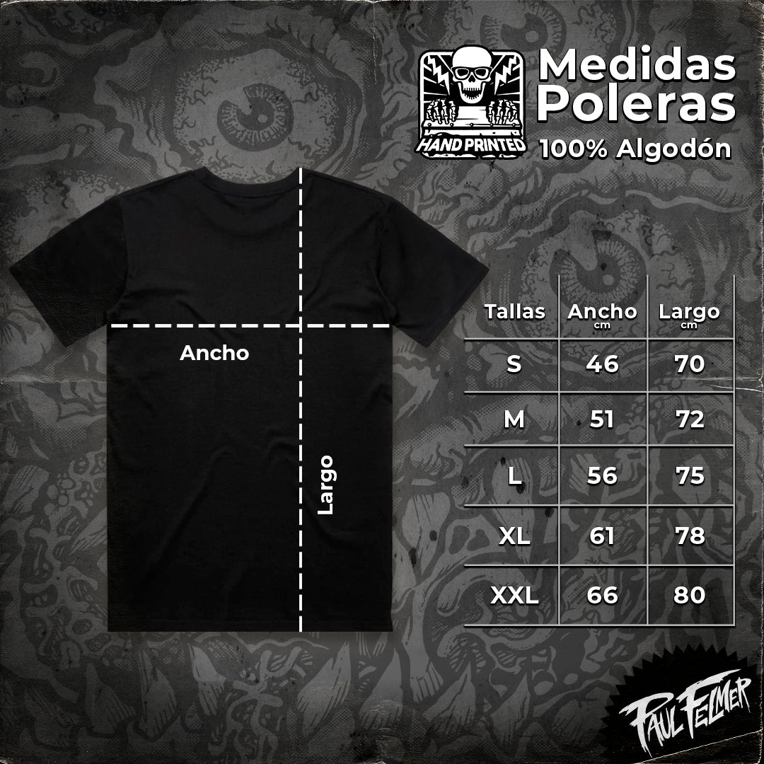 Guía de tallas de poleras Paul Felmer, medidas en centímetros para tallas S, M, L, XL y XXL