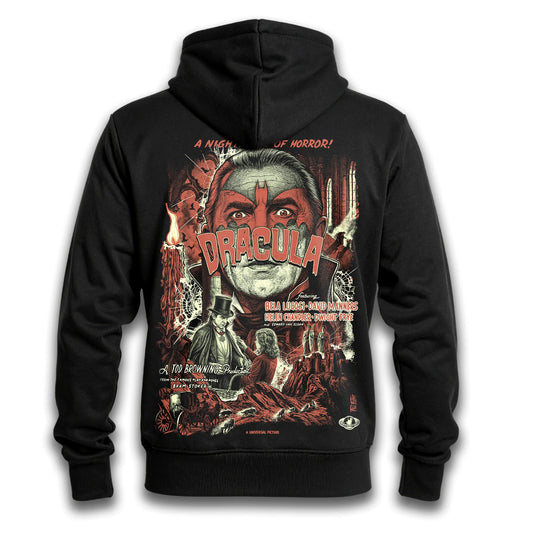 Polerón hoodie con cierre Lugosi de Paul Felmer, impresión trasera sobre fondo blanco, diseño del afiche de Drácula de Bela Lugosi (1931) serigrafiado en la espalda en dos tintas sobre algodón negro