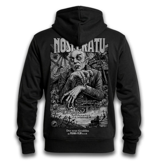Polerón hoodie con cierre Nosferatu de Paul Felmer, impresión trasera sobre fondo blanco, afiche alemán de Nosferatu de Murnau (1922) con el Conde Orlok serigrafiado en la espalda en un color gris sobre algodón negro