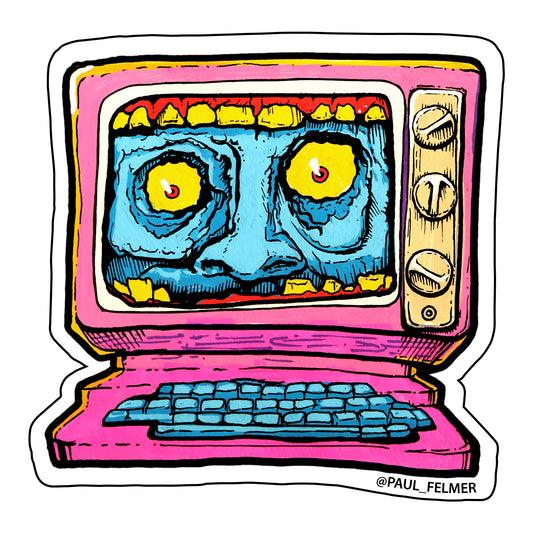 Sticker PCMan — Paul Felmer, monitor CRT con cara humana, vinilo laminado mate