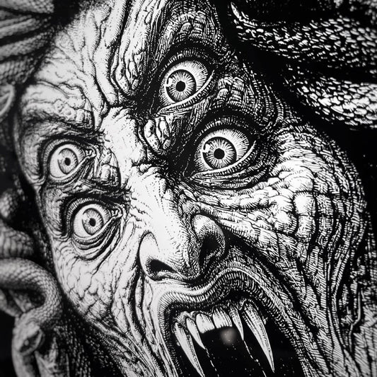 El dibujo original de Medusa a tinta sobre papel, antes de convertirse en estampado