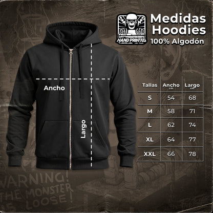 Guía de tallas de polerones hoodie con cierre Paul Felmer, medidas en centímetros para tallas S, M, L, XL y XXL