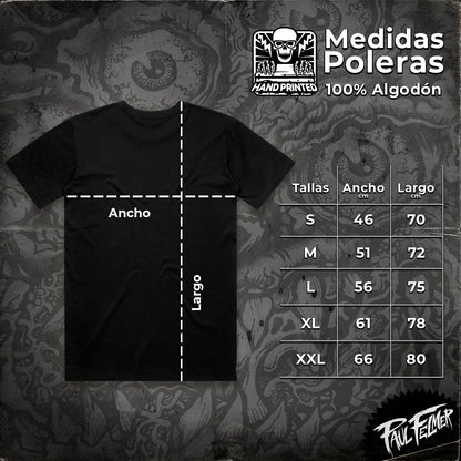 Guía de tallas de poleras Paul Felmer, medidas en centímetros para tallas S, M, L, XL y XXL