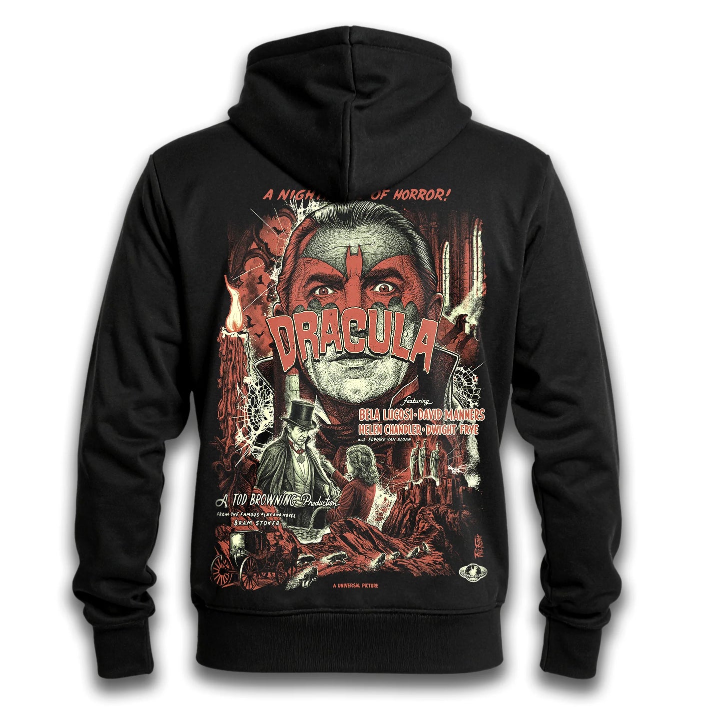 Polerón hoodie con cierre Lugosi de Paul Felmer, impresión trasera sobre fondo blanco, diseño del afiche de Drácula de Bela Lugosi (1931) serigrafiado en la espalda en dos tintas sobre algodón negro