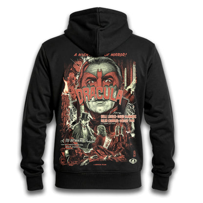 Polerón hoodie con cierre Lugosi de Paul Felmer, impresión trasera sobre fondo blanco, diseño del afiche de Drácula de Bela Lugosi (1931) serigrafiado en la espalda en dos tintas sobre algodón negro