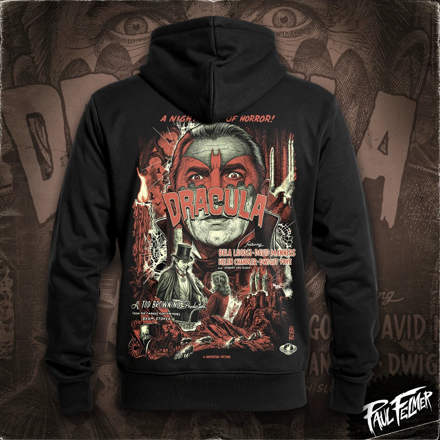 Polerón hoodie con cierre Lugosi de Paul Felmer, vista trasera con el afiche de Drácula de Universal Pictures (1931) impreso en grande, algodón negro de alto gramaje