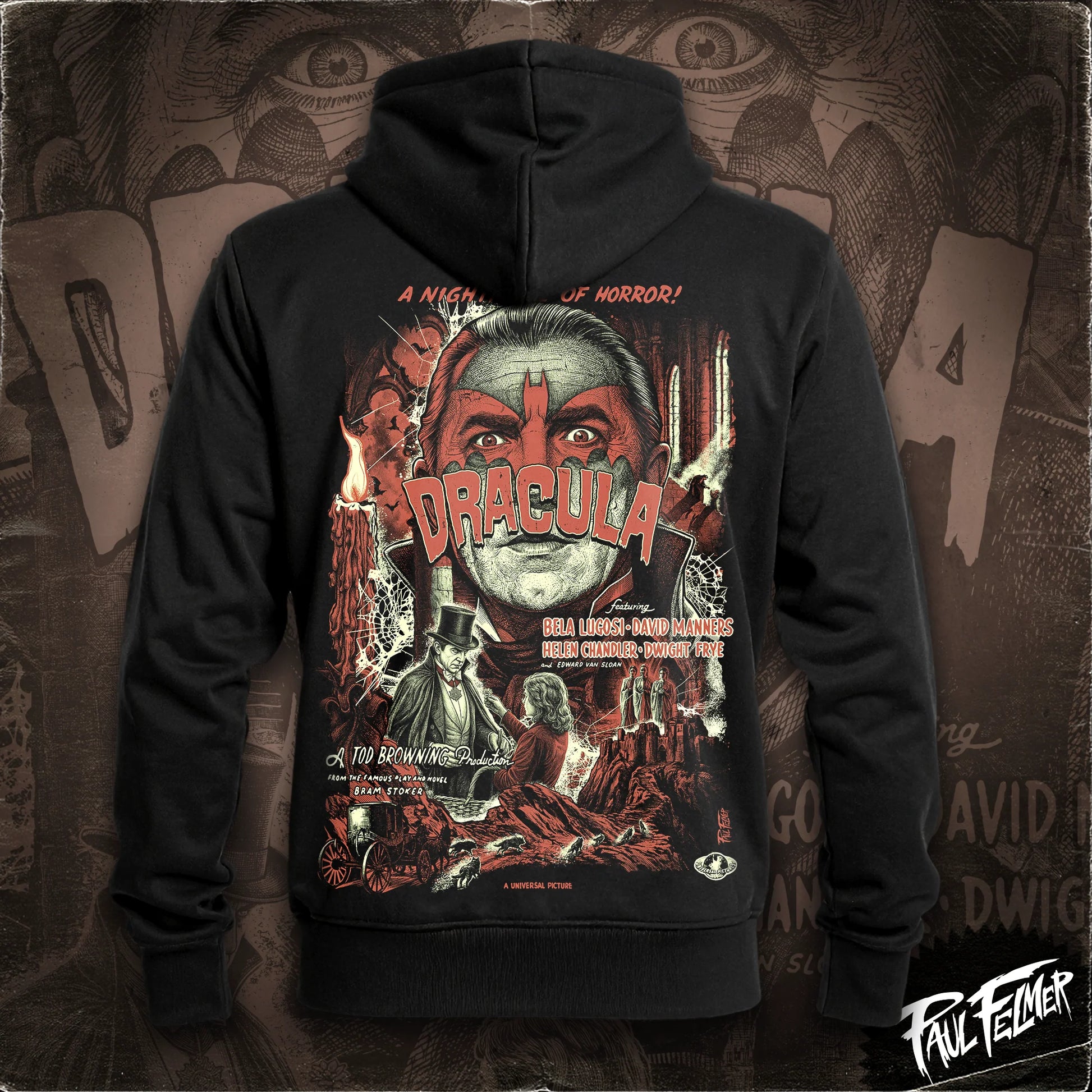 Polerón hoodie con cierre Lugosi de Paul Felmer, vista trasera con el afiche de Drácula de Universal Pictures (1931) impreso en grande, algodón negro de alto gramaje