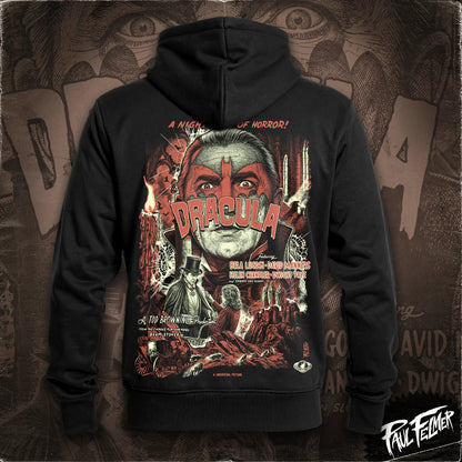 Polerón hoodie con cierre Lugosi de Paul Felmer, vista trasera con el afiche de Drácula de Universal Pictures (1931) impreso en grande, algodón negro de alto gramaje