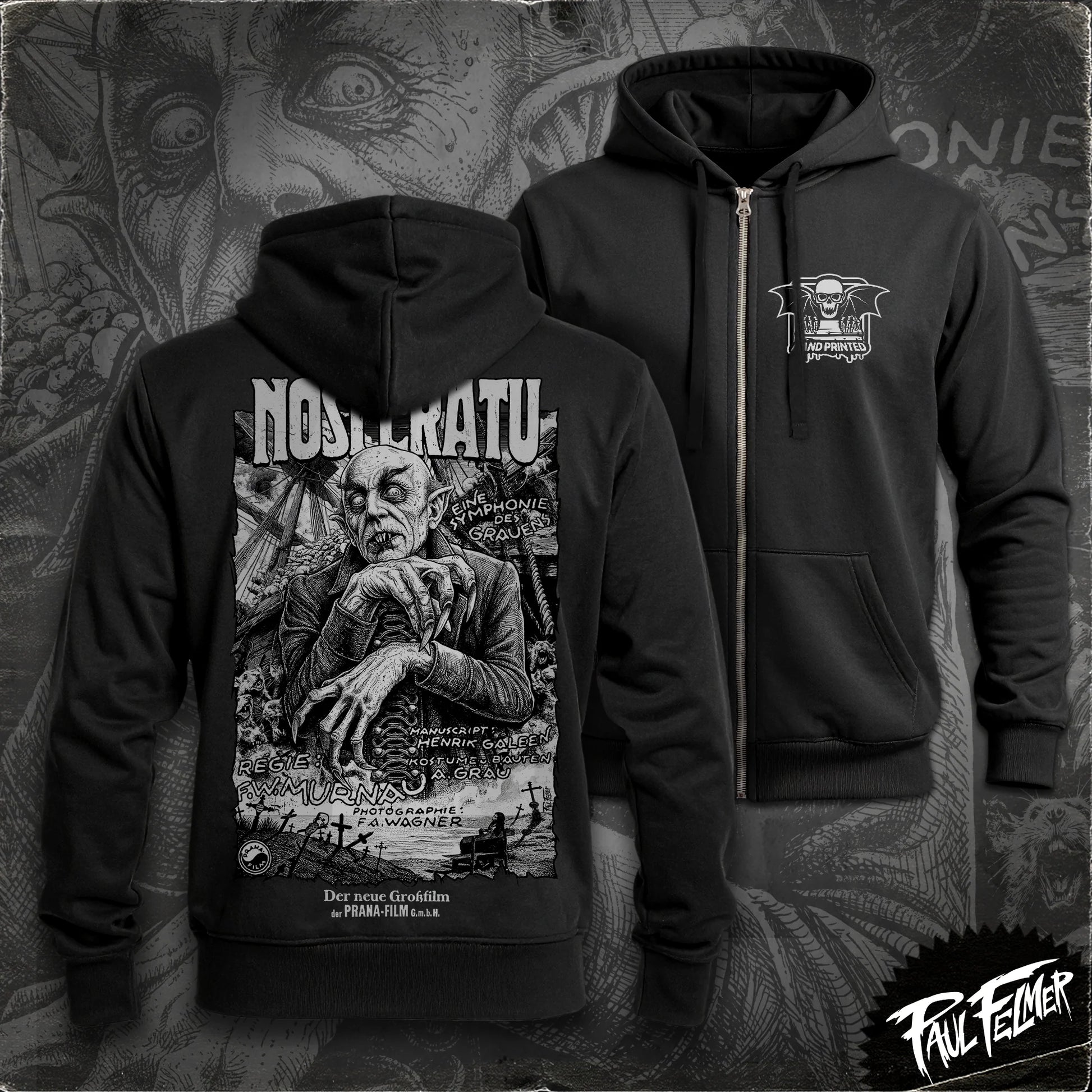 Polerón hoodie con cierre Nosferatu de Paul Felmer, vista de conjunto mostrando la impresión delantera (logo Hand Printed intervenido) y trasera (afiche alemán de Prana-Film de 1922 con el Conde Orlok), serigrafía a un color sobre algodón negro
