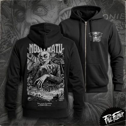 Polerón hoodie con cierre Nosferatu de Paul Felmer, vista de conjunto mostrando la impresión delantera (logo Hand Printed intervenido) y trasera (afiche alemán de Prana-Film de 1922 con el Conde Orlok), serigrafía a un color sobre algodón negro