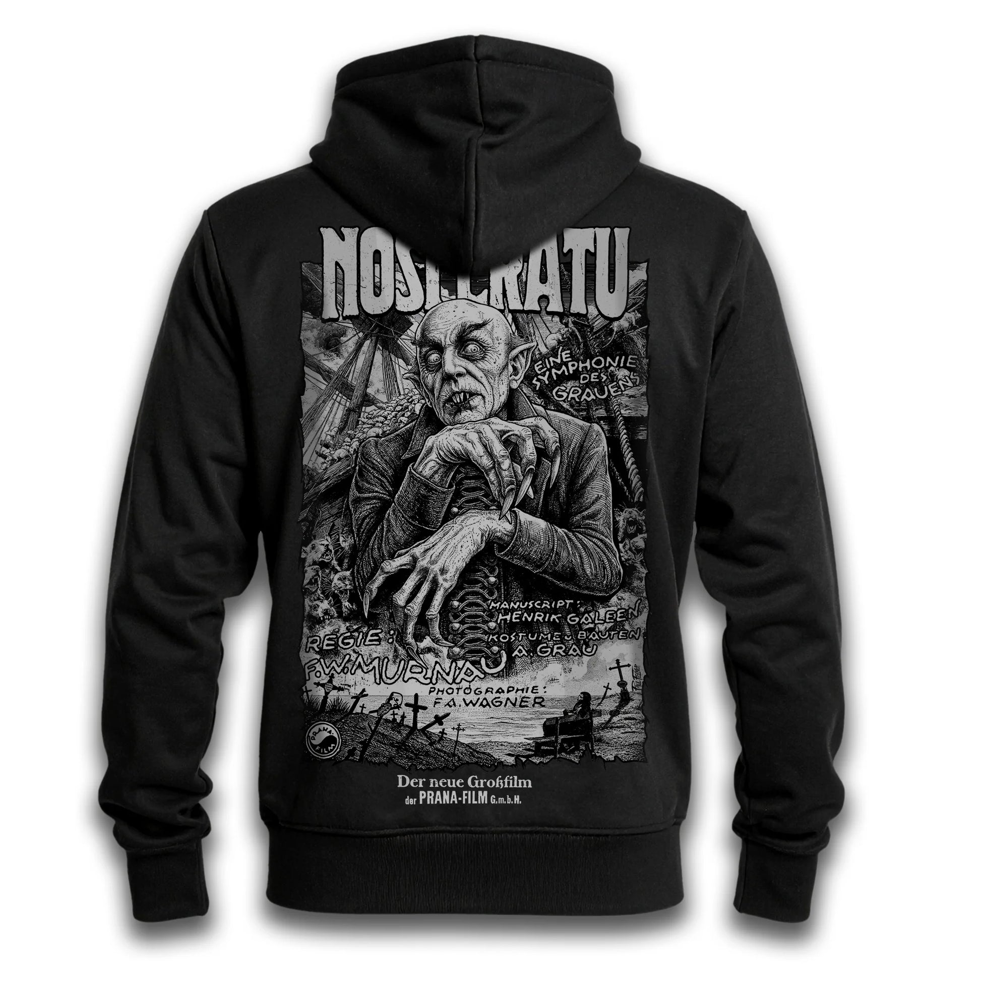 Polerón hoodie con cierre Nosferatu de Paul Felmer, impresión trasera sobre fondo blanco, afiche alemán de Nosferatu de Murnau (1922) con el Conde Orlok serigrafiado en la espalda en un color gris sobre algodón negro