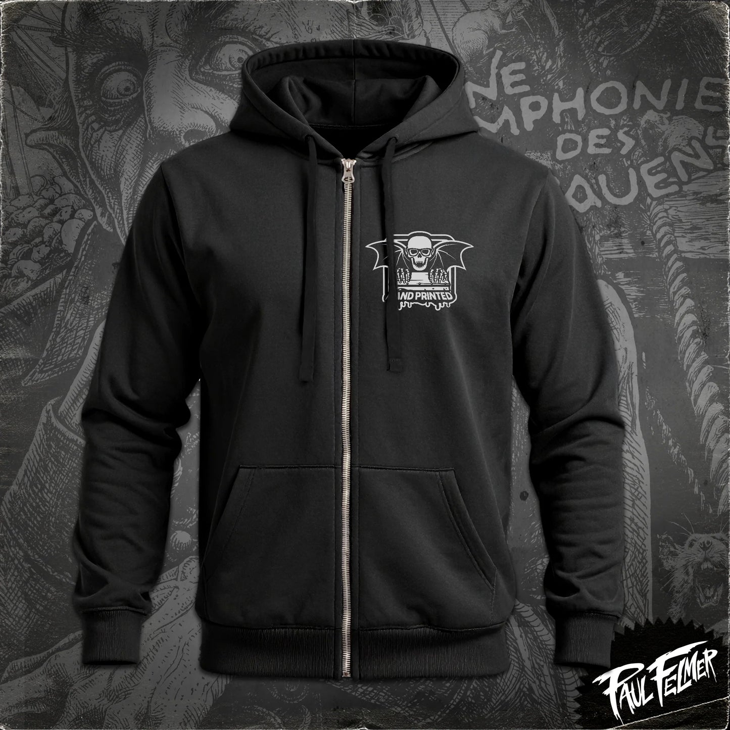 Polerón hoodie con cierre Nosferatu de Paul Felmer, vista delantera con el logo Hand Printed intervenido especialmente para este diseño en blanco sobre el pecho, algodón negro con cierre y capucha