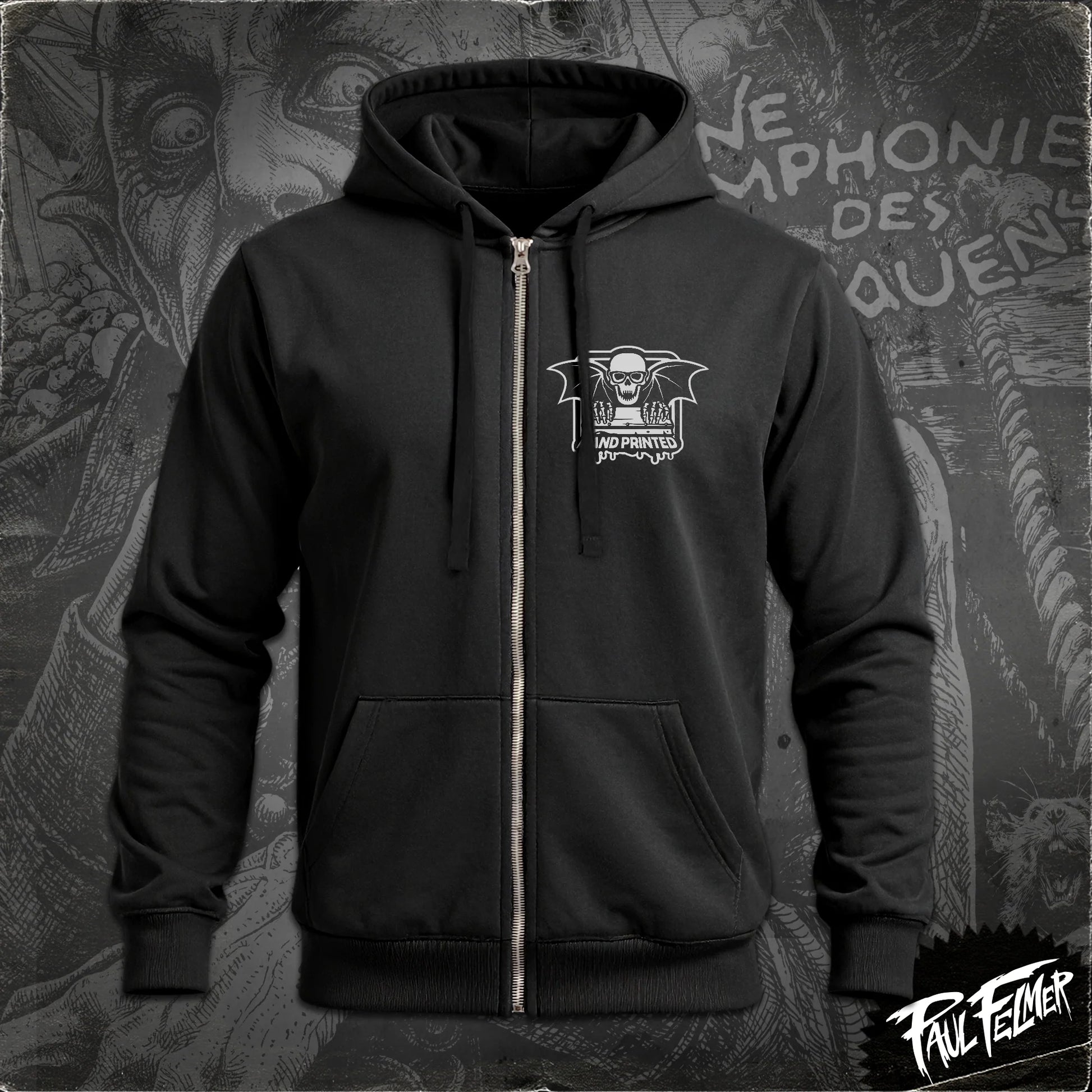 Polerón hoodie con cierre Nosferatu de Paul Felmer, vista delantera con el logo Hand Printed intervenido especialmente para este diseño en blanco sobre el pecho, algodón negro con cierre y capucha