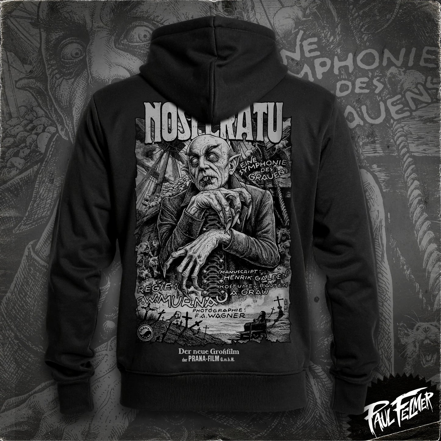 Polerón hoodie con cierre Nosferatu de Paul Felmer, vista trasera con el afiche alemán de Nosferatu (1922) del Conde Orlok impreso en grande, algodón negro de alto gramaje