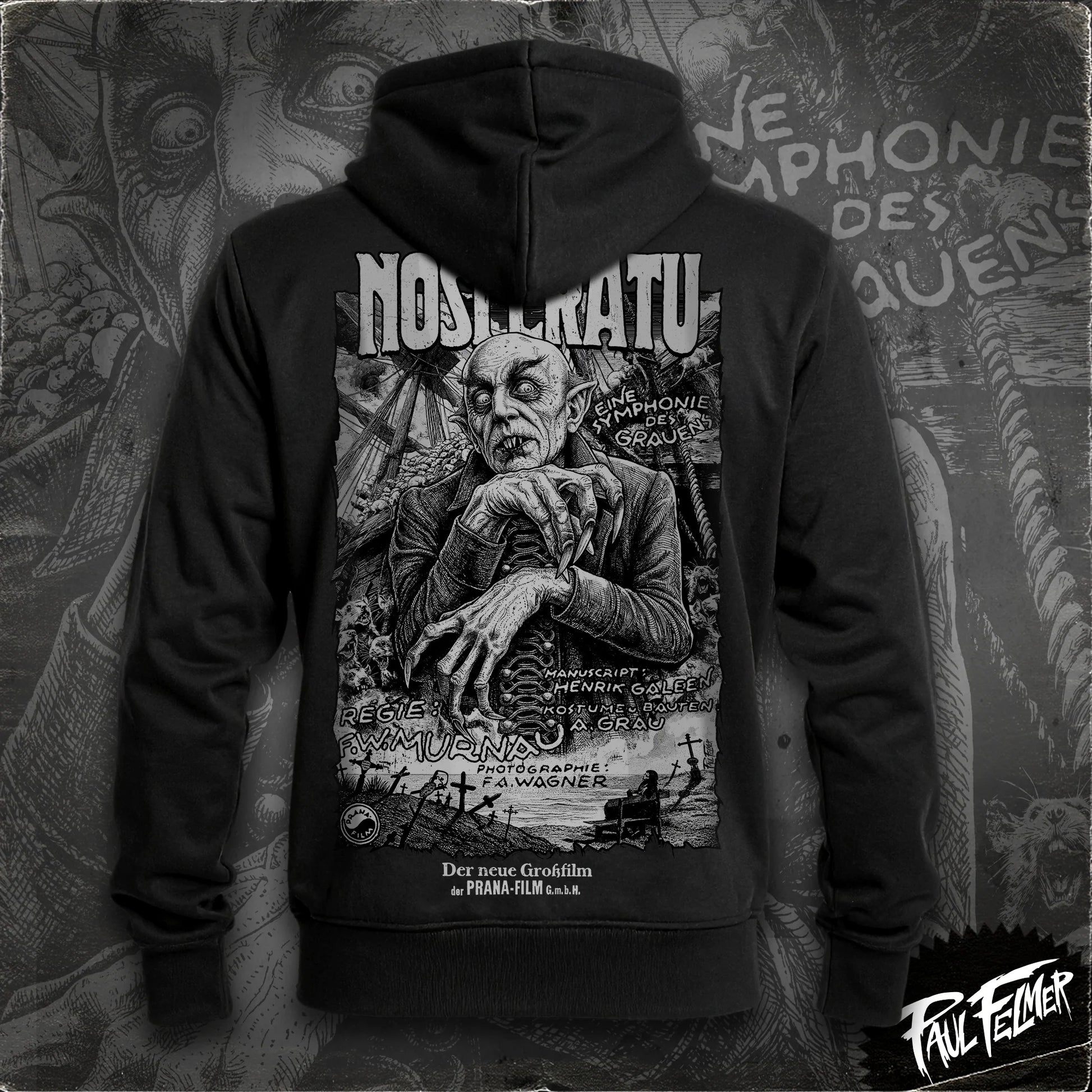 Polerón hoodie con cierre Nosferatu de Paul Felmer, vista trasera con el afiche alemán de Nosferatu (1922) del Conde Orlok impreso en grande, algodón negro de alto gramaje
