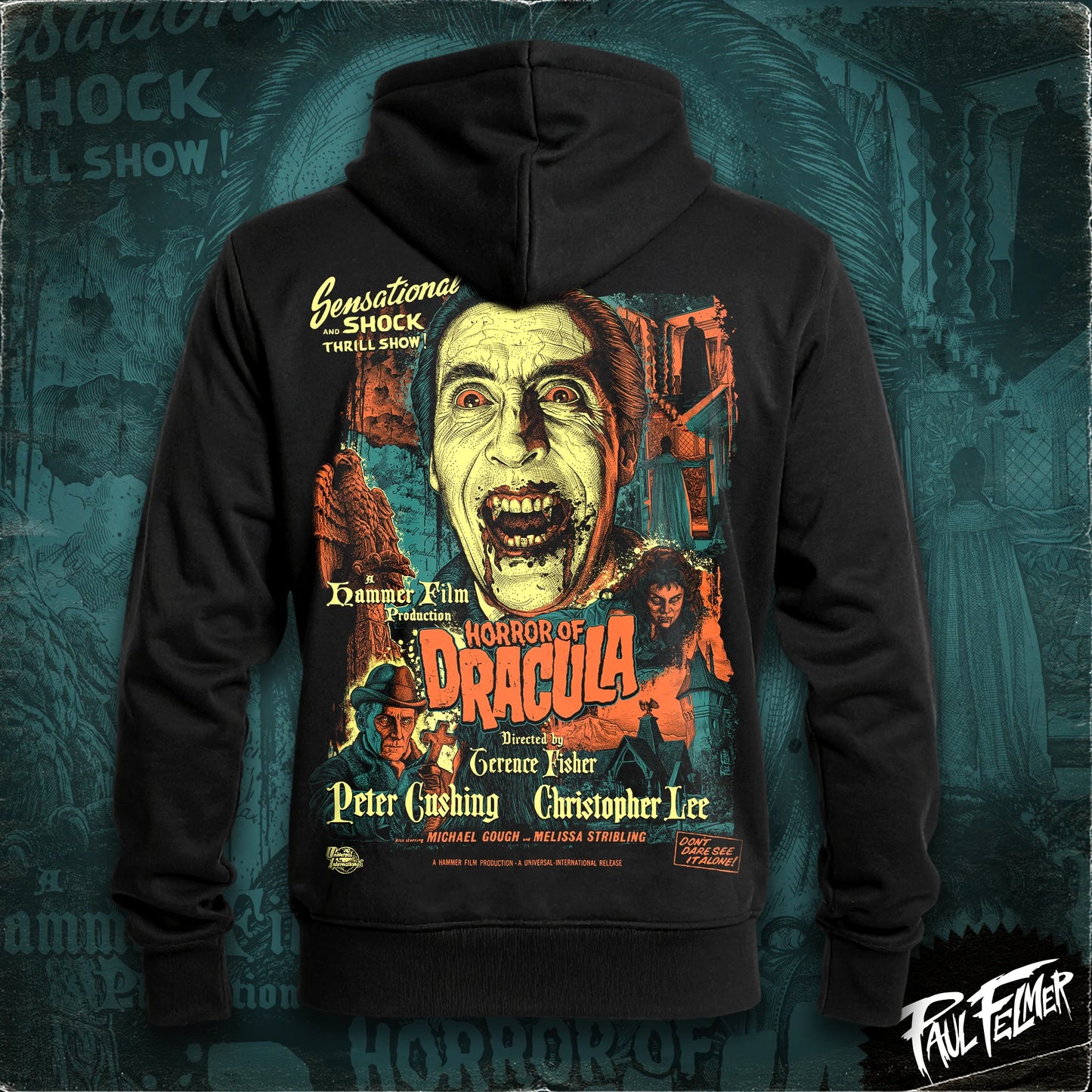 Polerón hoodie con cierre Horror of Dracula de Paul Felmer, vista trasera con el afiche de la Hammer de Horror of Dracula (1958) impreso en grande, algodón negro de alto gramaje