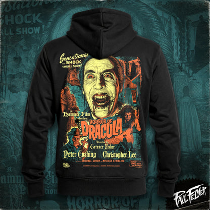 Polerón hoodie con cierre Horror of Dracula de Paul Felmer, vista trasera con el afiche de la Hammer de Horror of Dracula (1958) impreso en grande, algodón negro de alto gramaje