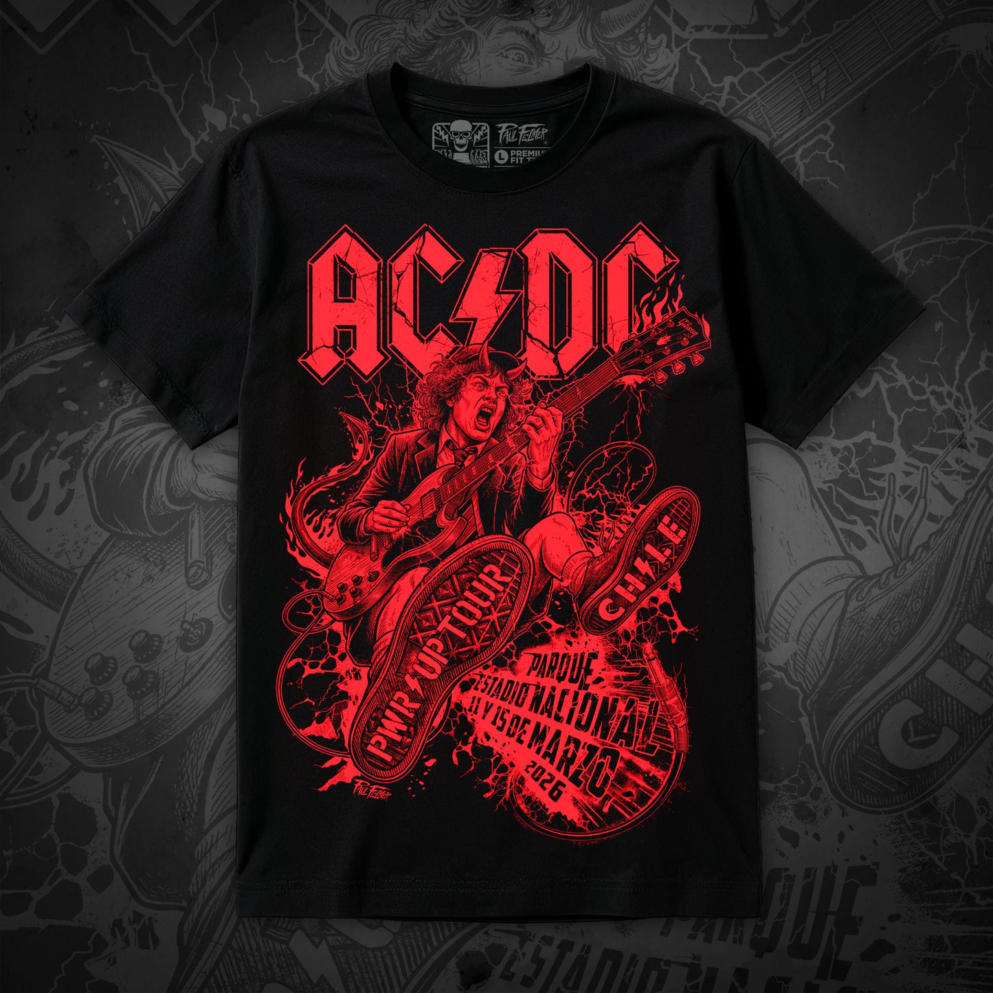 Polera AC/DC Chile 2026, Black Edition — Serigrafía artesanal Paul Felmer Chile — frente