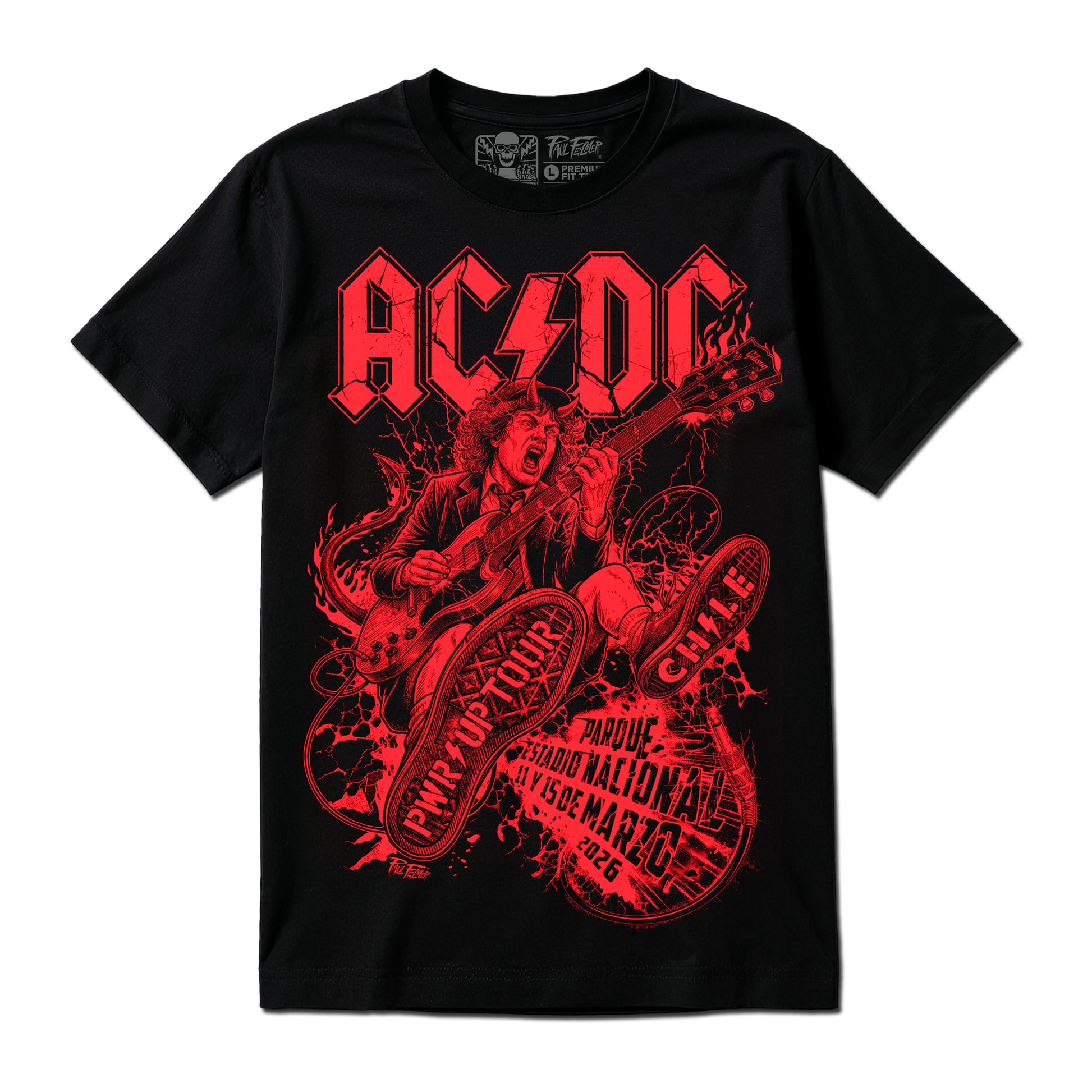Polera AC/DC Chile 2026, Black Edition — Serigrafía artesanal Paul Felmer Chile — detalle
