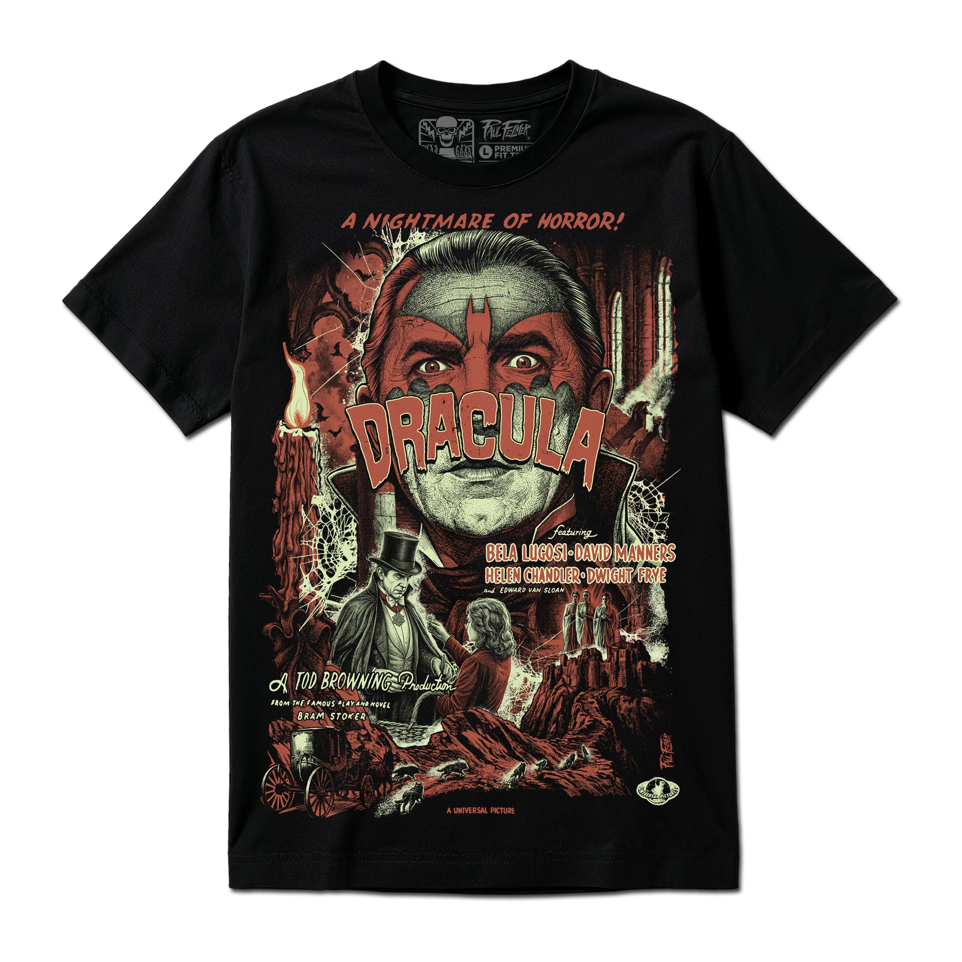 Polera Lugosi como Drácula de Paul Felmer, vista frontal completa sobre fondo neutro, serigrafía artesanal a dos tintas que reproduce el afiche original de Universal Pictures de 1931 con cast completo Bela Lugosi, David Manners, Helen Chandler, Dwight Frye