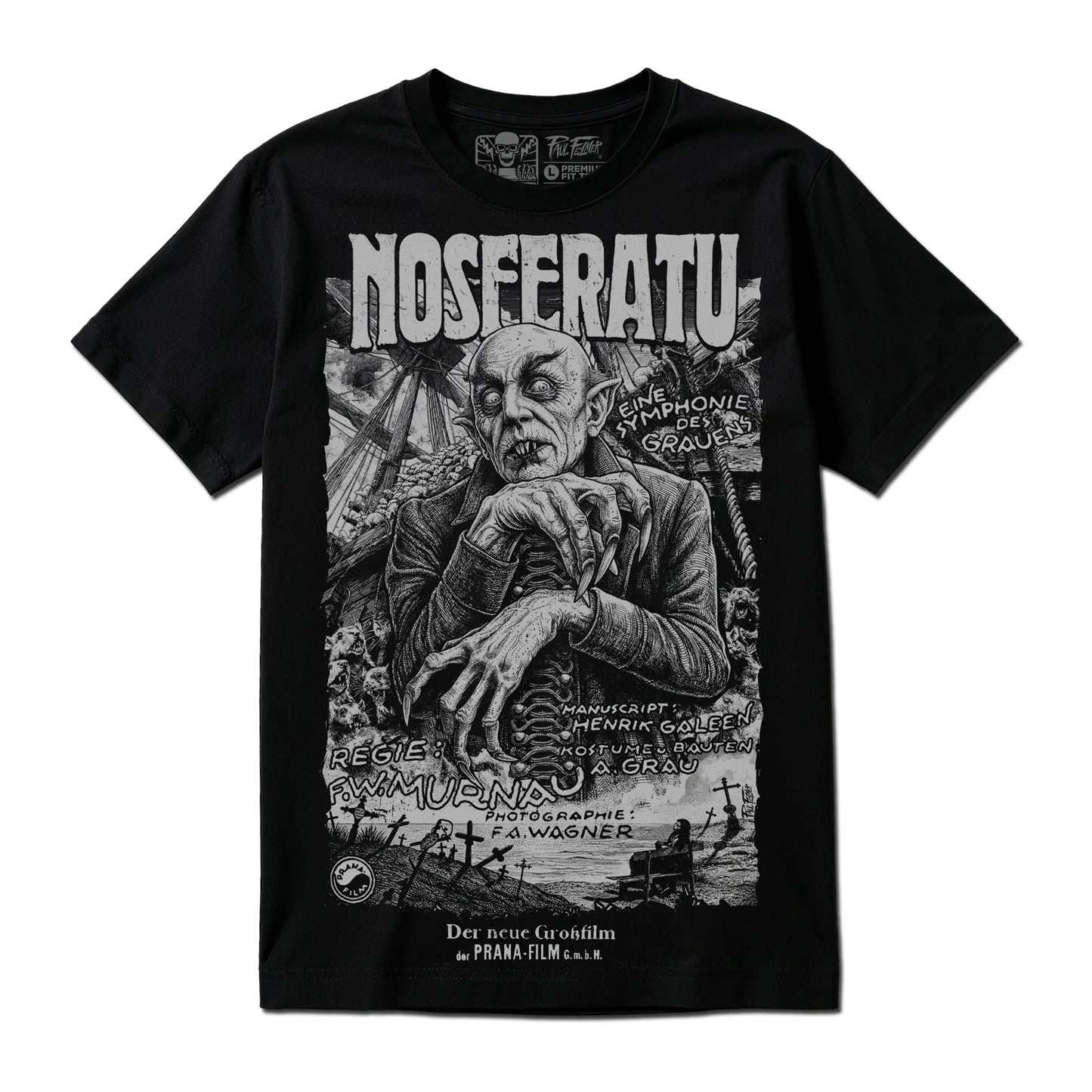 Polera Nosferatu negra de Paul Felmer, vista frontal completa sobre fondo neutro, serigrafía artesanal a un color gris que reproduce el afiche original de 1922 con lettering tipo lápida