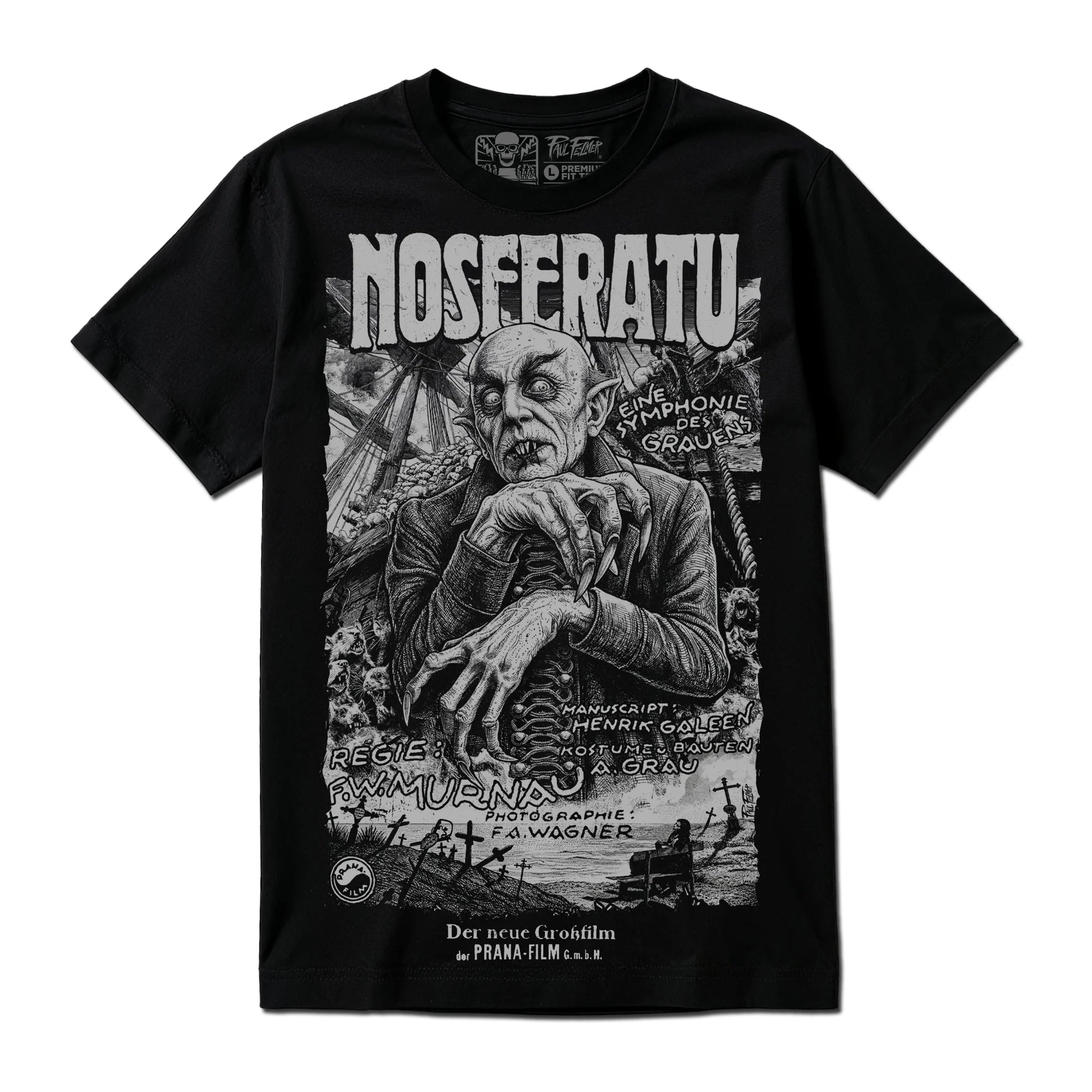 Polera Nosferatu negra de Paul Felmer, vista frontal completa sobre fondo neutro, serigrafía artesanal a un color gris que reproduce el afiche original de 1922 con lettering tipo lápida