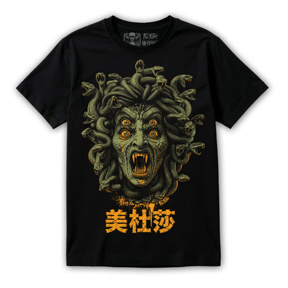 Polera Medusa fondo blanco — Gorgona con corona de serpientes en serigrafía a 2 colores, Paul Felmer (美杜莎, Medusa)