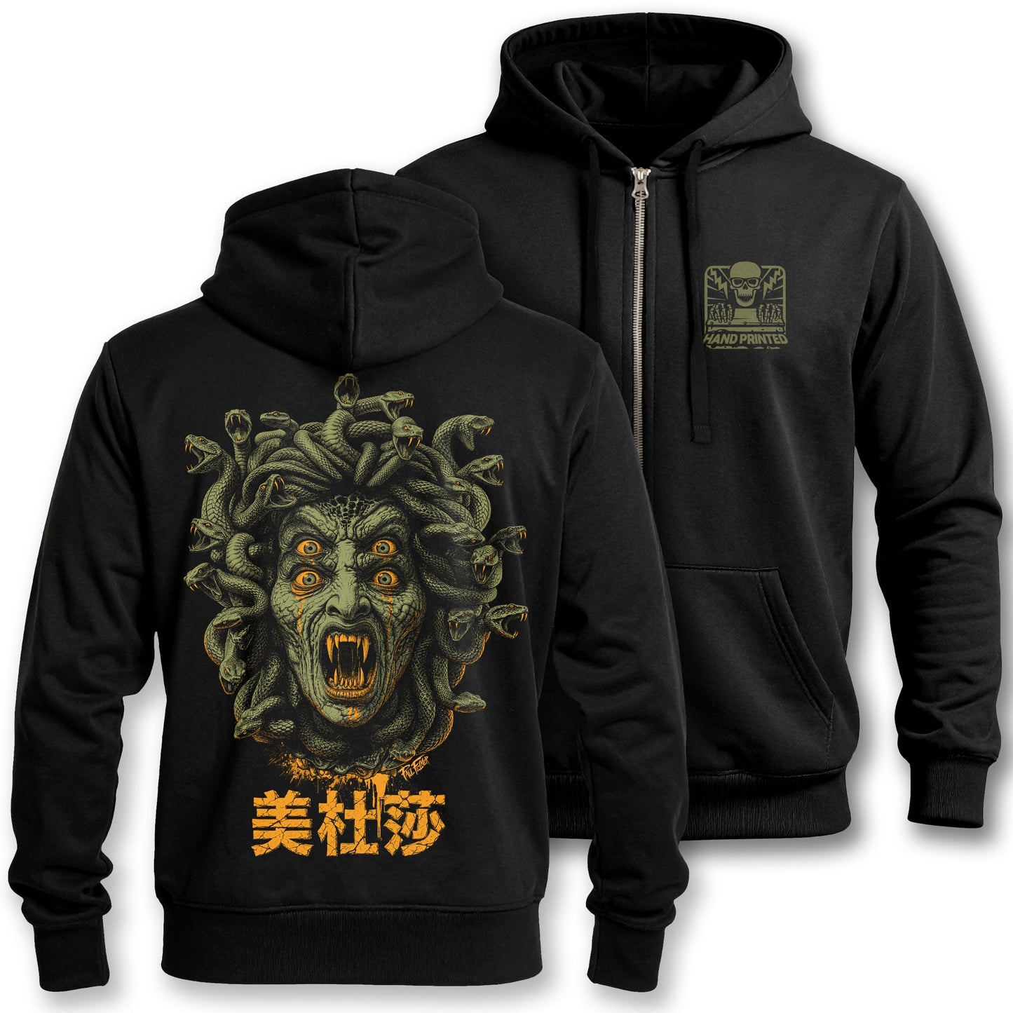 Polerón hoodie con cierre Medusa de Paul Felmer, impresión trasera sobre fondo blanco, la Gorgona de Furia de Titanes con lágrimas de oro y corona de serpientes serigrafiada en la espalda en dos tintas