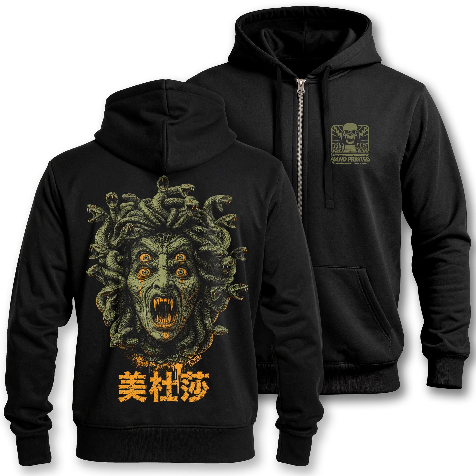 Polerón hoodie con cierre Medusa de Paul Felmer, impresión trasera sobre fondo blanco, la Gorgona de Furia de Titanes con lágrimas de oro y corona de serpientes serigrafiada en la espalda en dos tintas