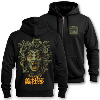 Polerón hoodie con cierre Medusa de Paul Felmer, impresión trasera sobre fondo blanco, la Gorgona de Furia de Titanes con lágrimas de oro y corona de serpientes serigrafiada en la espalda en dos tintas