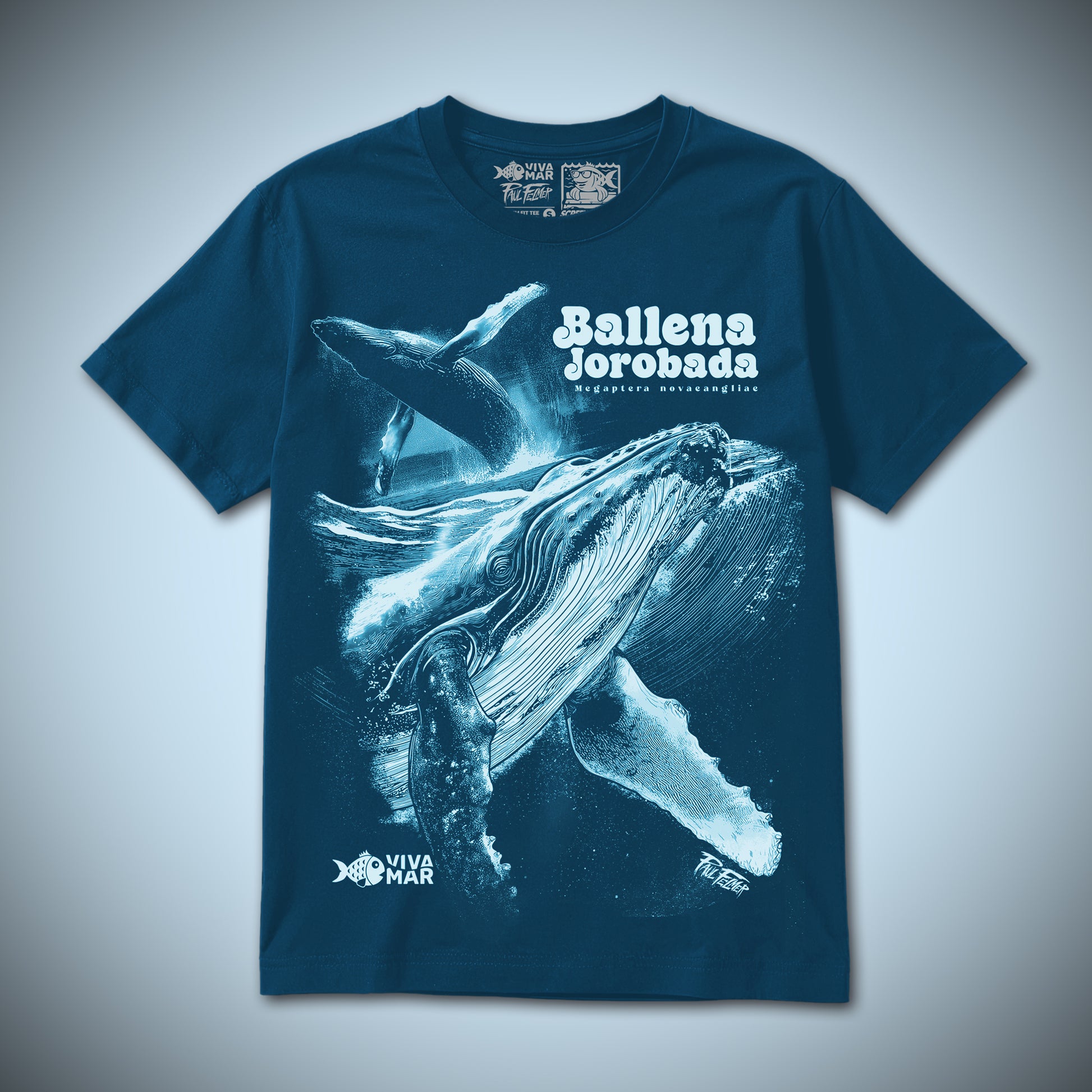 Polera Ballena Jorobada - Azul — Serigrafía artesanal Paul Felmer Chile — frente