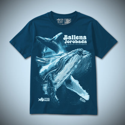 Polera Ballena Jorobada - Azul — Serigrafía artesanal Paul Felmer Chile — frente