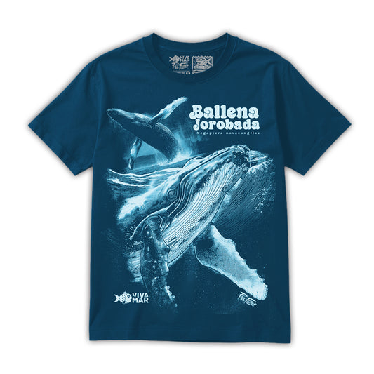 Polera Ballena Jorobada - Azul — Serigrafía artesanal Paul Felmer Chile — fondo blanco