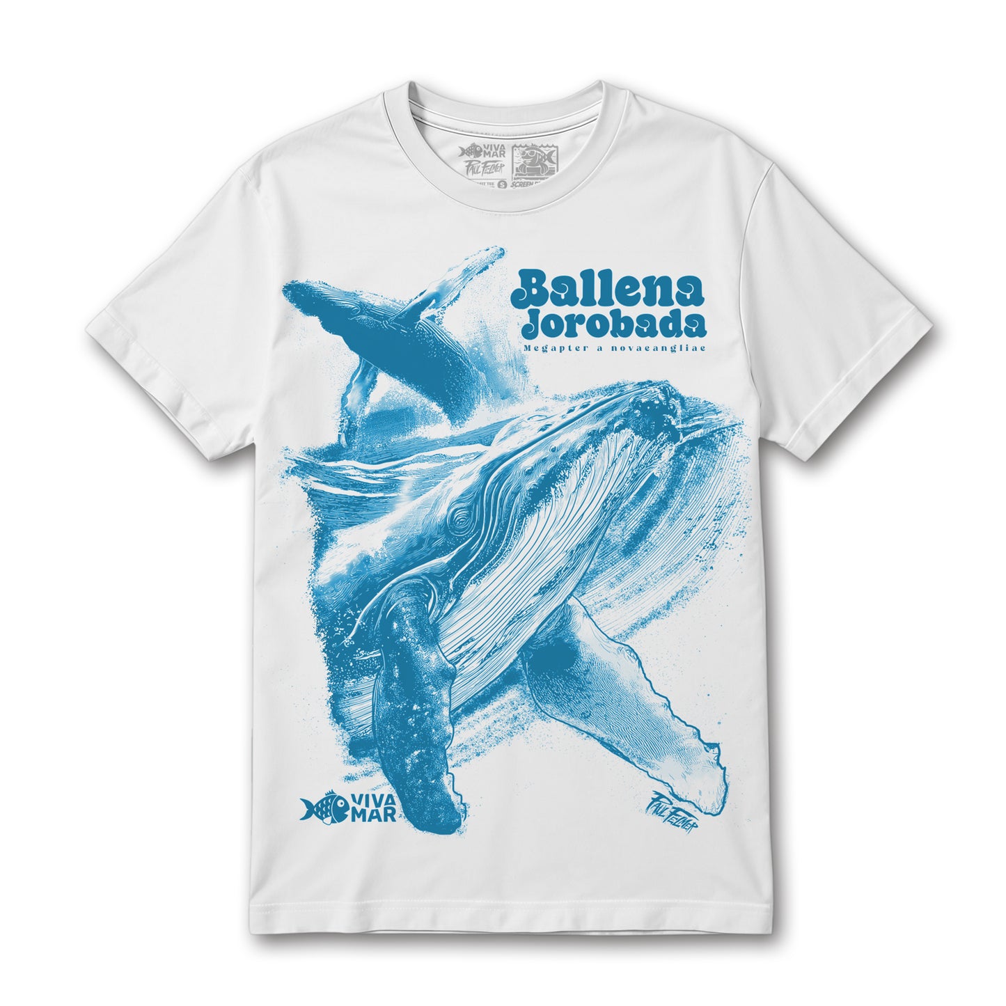 Polera Ballena Jorobada - Blanca — Serigrafía artesanal Paul Felmer Chile — fondo blanco