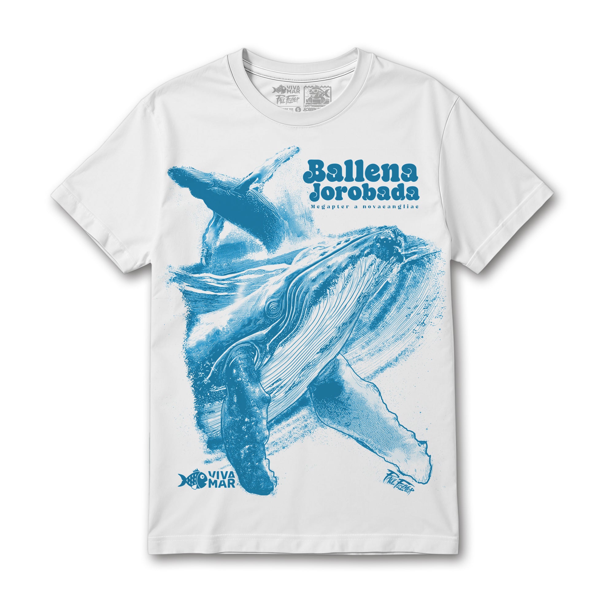 Polera Ballena Jorobada - Blanca — Serigrafía artesanal Paul Felmer Chile — fondo blanco