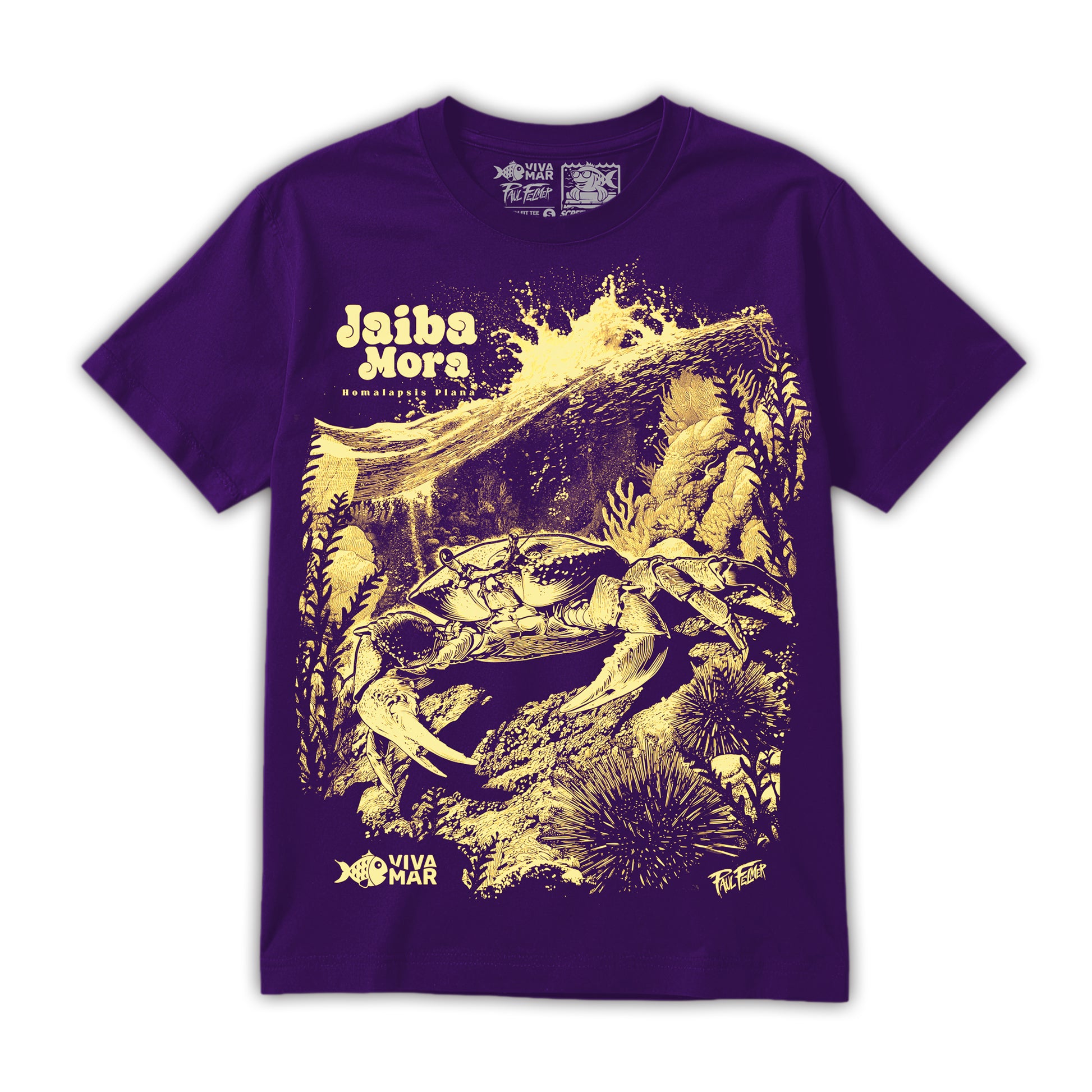 Polera Jaiba Mora - Morado — Serigrafía artesanal Paul Felmer Chile — fondo blanco