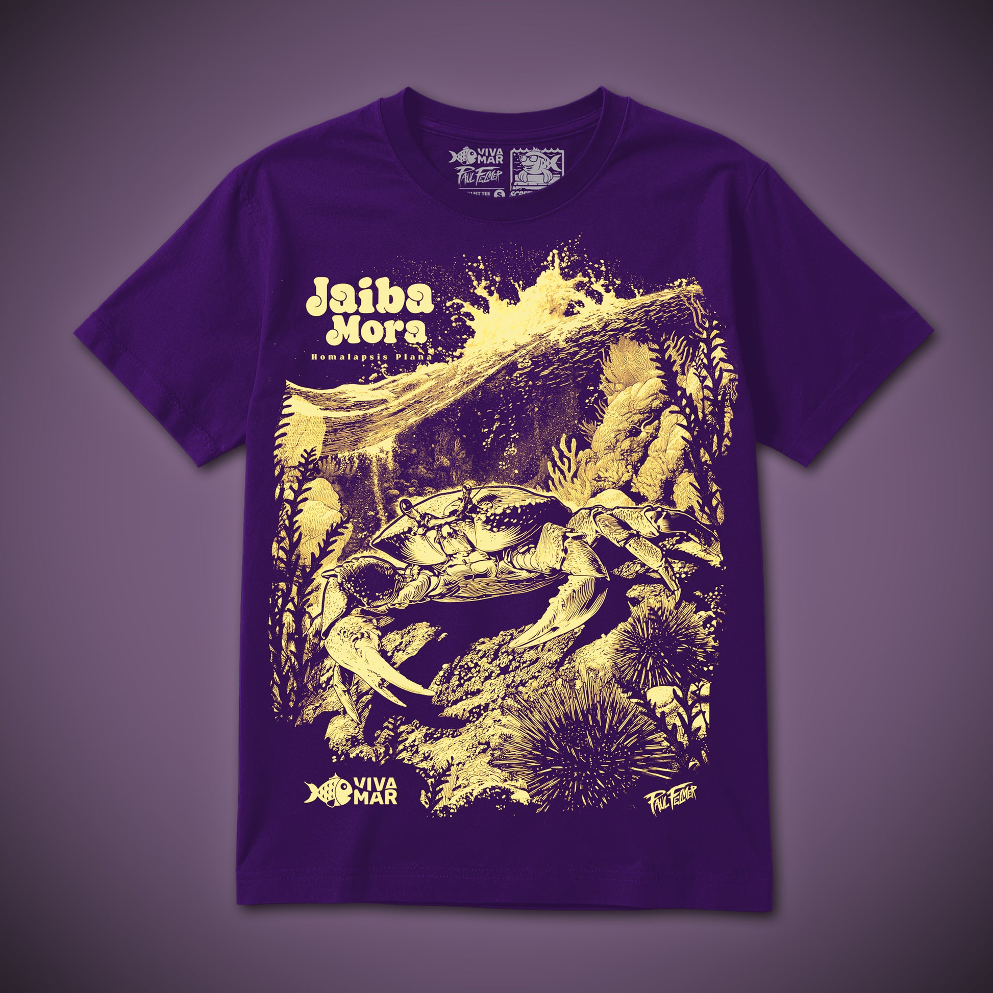 Polera Jaiba Mora - Morado — Serigrafía artesanal Paul Felmer Chile — frente