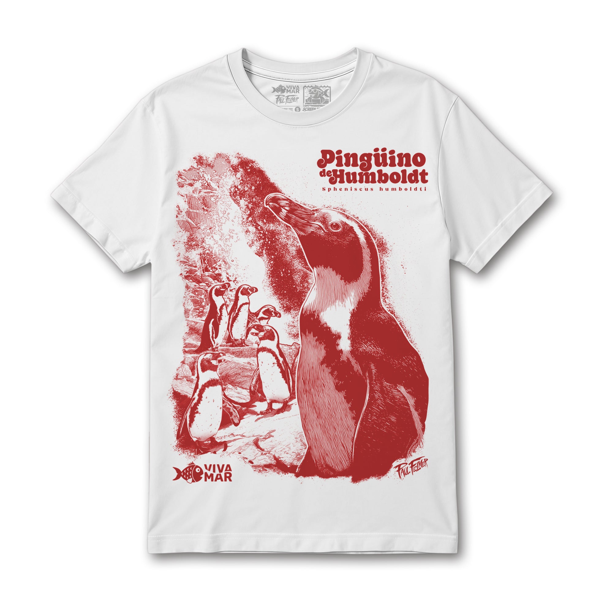 Polera Pingüino de Humboldt - Blanca — Serigrafía artesanal Paul Felmer Chile — fondo blanco