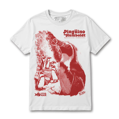 Polera Pingüino de Humboldt - Blanca — Serigrafía artesanal Paul Felmer Chile — fondo blanco