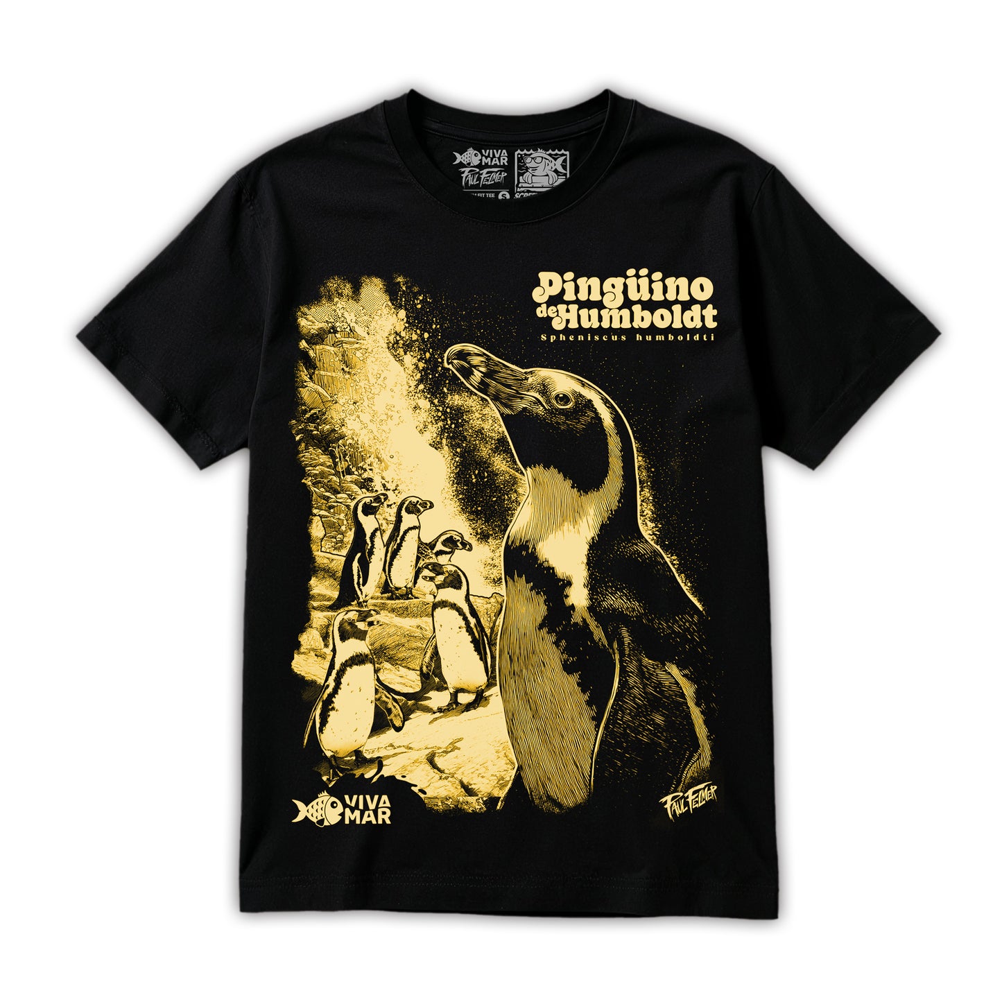 Polera Pingüino de Humboldt - Negra — Serigrafía artesanal Paul Felmer Chile — fondo blanco