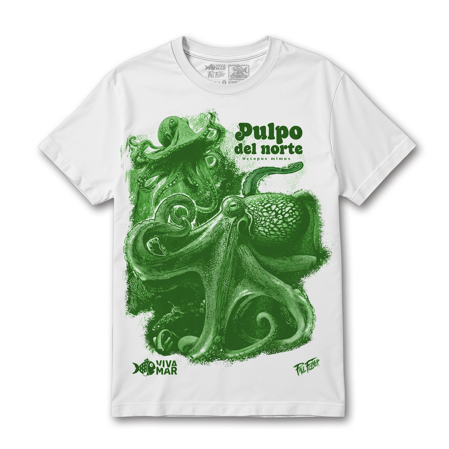 Polera Pulpo del Norte - Blanca — Serigrafía artesanal Paul Felmer Chile — fondo blanco
