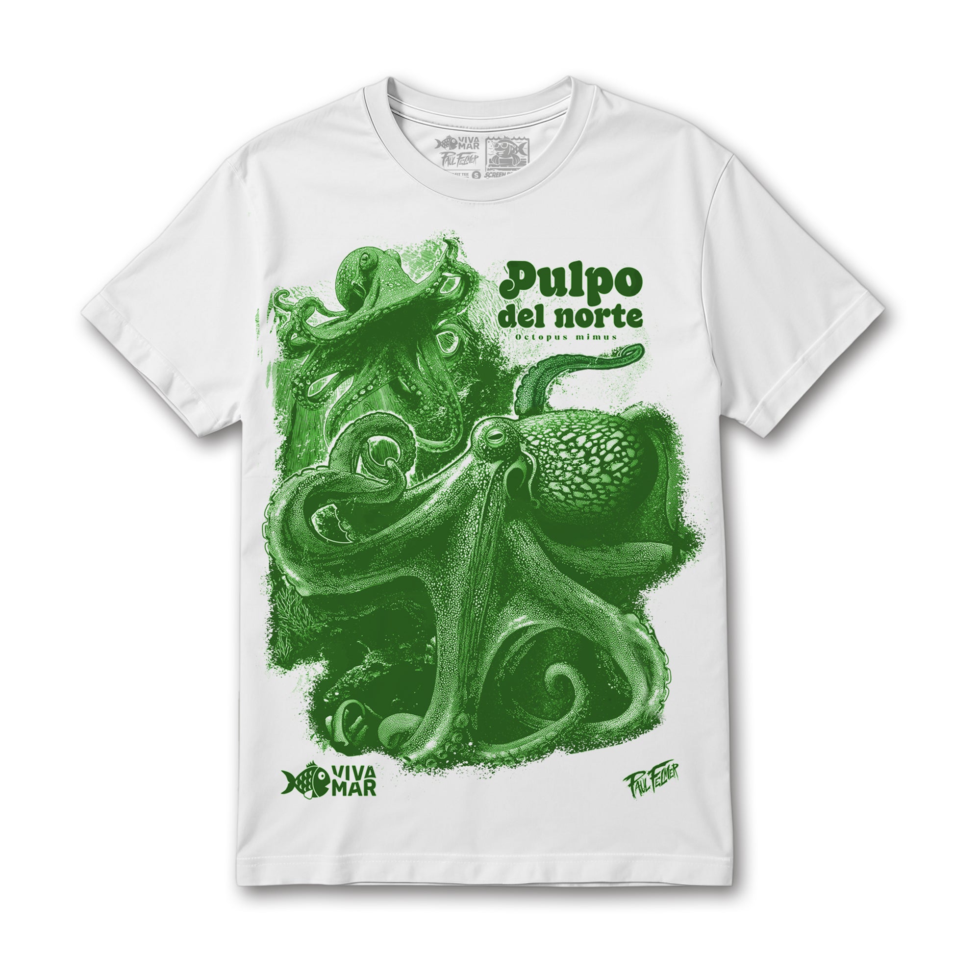 Polera Pulpo del Norte - Blanca — Serigrafía artesanal Paul Felmer Chile — fondo blanco