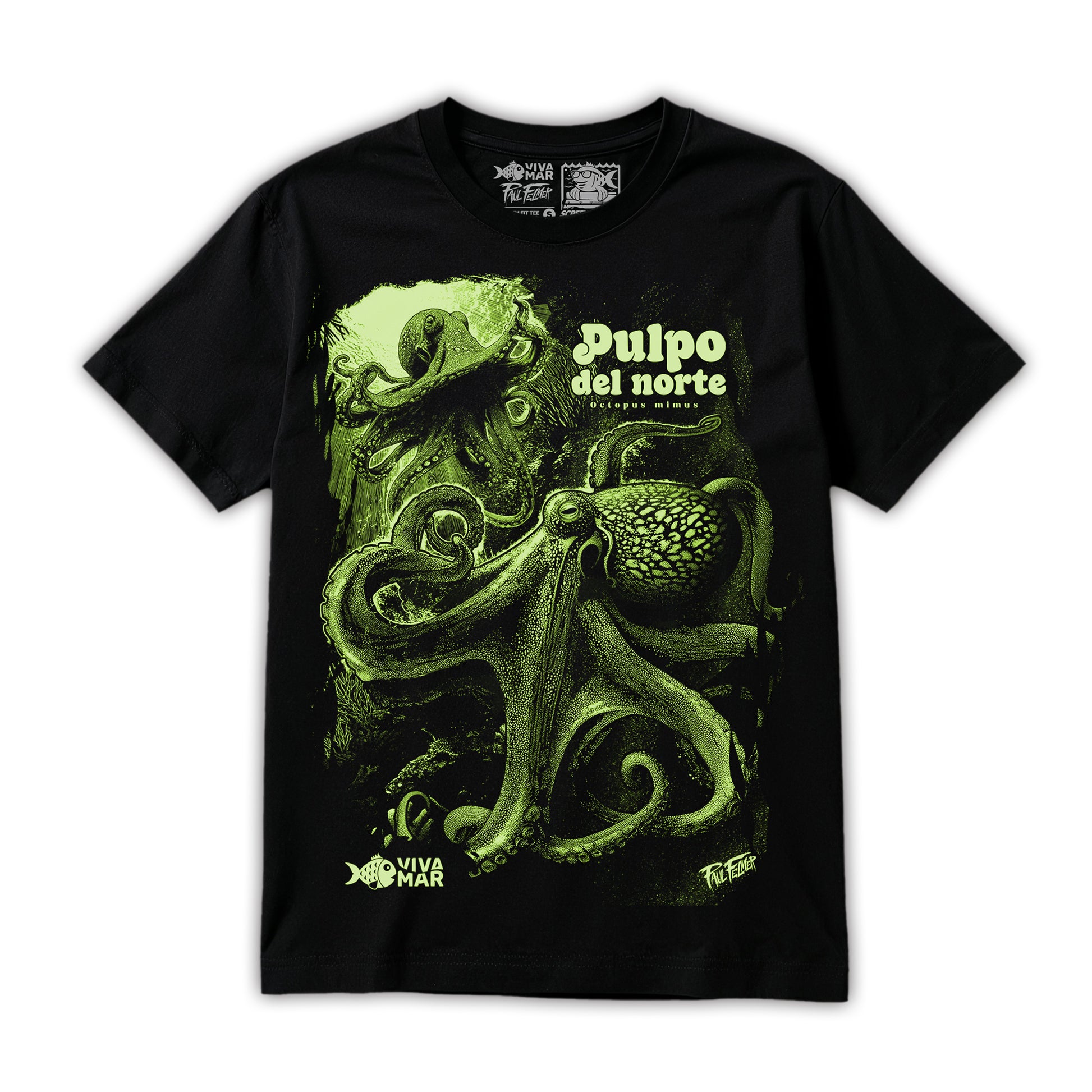 Polera Pulpo del Norte - Negra — Serigrafía artesanal Paul Felmer Chile — fondo blanco